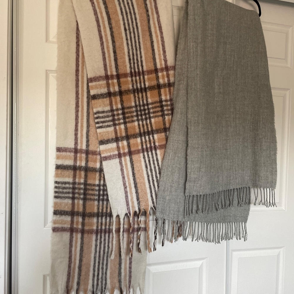 Plaid and Solid Gray Oversized Scarves